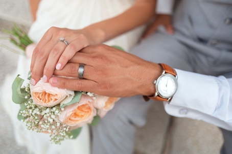 closeup of married couple's hands with wedding rings on them