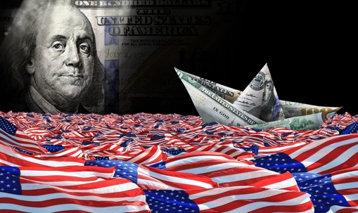 American one hundred dollar paper boat on large group of American flags over hundred dollar bill