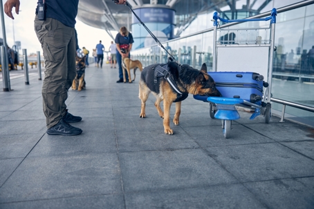 Dog sniffing luggage for narcotics